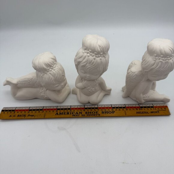 Vtg Ceramic Bisque Angel Figurines Sitting Kneeling Lying Down Greenware Set/3 - Picture 7 of 7